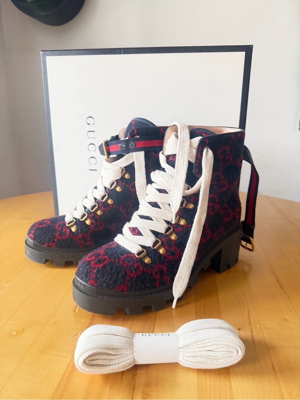 Gucci Black & Red GG Wool Lace-Up Lug Ankle Boots